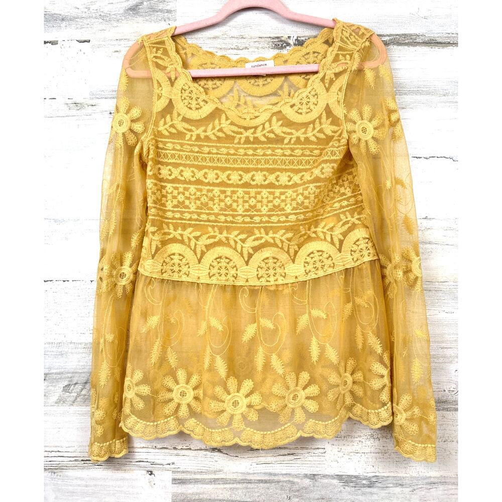 Sundance womens XS mustard yellow lace floral rayon blend embroidered blouse